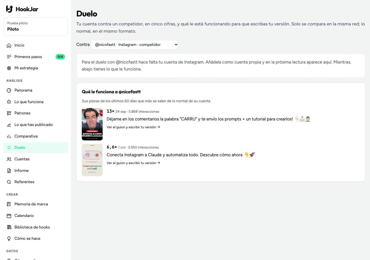 El Duelo de HookJar: tu cuenta frente a una competidora, con las mismas cuatro preguntas